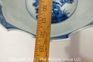 Blue & White Porcelain "Monteith" Bowl Signed Mottahedeh with Turrets Display Punch Bowl.  Comes with silver plated stand now shown. A reproduction of a Metropolitan Museum of Art original, this unusual shape was one designed to hold wine glasses; 12 1/2" diameter x 6"T