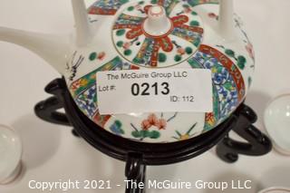 Porcelain Asian Stamped Hand Painted Tea Pot and 5 Tea Cups.