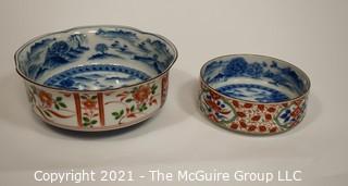 Two (2) Porcelain Asian Stamped Mountian Scene Hand Painted Bowls. 