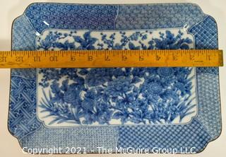 Porcelain Asian Stamped Hand Painted Blue & White Tray or Platter; 12 1/4" x 9".