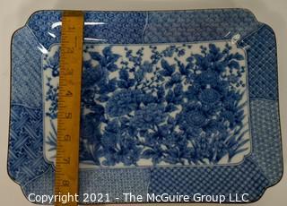 Porcelain Asian Stamped Hand Painted Blue & White Tray or Platter; 12 1/4" x 9".