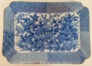 Porcelain Asian Stamped Hand Painted Blue & White Tray or Platter; 12 1/4" x 9".