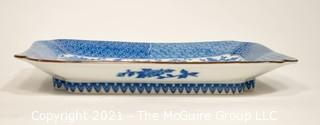 Porcelain Asian Stamped Hand Painted Blue & White Tray or Platter; 12 1/4" x 9".