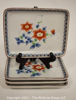 Four (4) Porcelain Asian Stamped Hand Painted Flower Trays or Plates; 8" x 7".