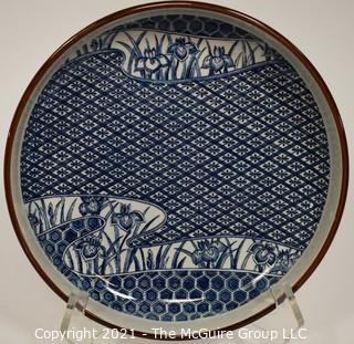 Porcelain Asian Stamped Hand Painted Blue & White Tray or Platter; 10" diameter.