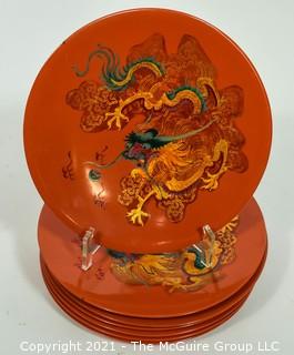 Asian Lacquerware:  Includes Set of Eight (8) Red Dragon Lacquered Dishes & One (1) Cranes in Flight Lacquer Lacquer Tray with Rim. 