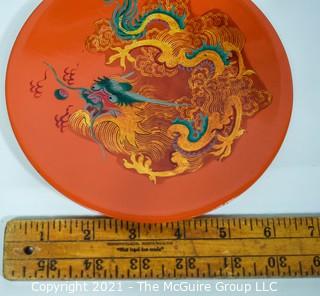 Asian Lacquerware:  Includes Set of Eight (8) Red Dragon Lacquered Dishes & One (1) Cranes in Flight Lacquer Lacquer Tray with Rim. 