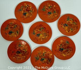 Asian Lacquerware:  Includes Set of Eight (8) Red Dragon Lacquered Dishes & One (1) Cranes in Flight Lacquer Lacquer Tray with Rim. 