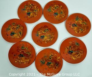 Asian Lacquerware:  Includes Set of Eight (8) Red Dragon Lacquered Dishes & One (1) Cranes in Flight Lacquer Lacquer Tray with Rim. 