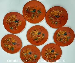 Asian Lacquerware:  Includes Set of Eight (8) Red Dragon Lacquered Dishes & One (1) Cranes in Flight Lacquer Lacquer Tray with Rim. 