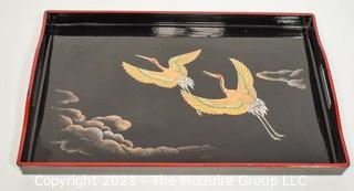 Asian Lacquerware:  Includes Set of Eight (8) Red Dragon Lacquered Dishes & One (1) Cranes in Flight Lacquer Lacquer Tray with Rim. 