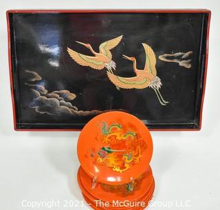 Asian Lacquerware:  Includes Set of Eight (8) Red Dragon Lacquered Dishes & One (1) Cranes in Flight Lacquer Lacquer Tray with Rim. 