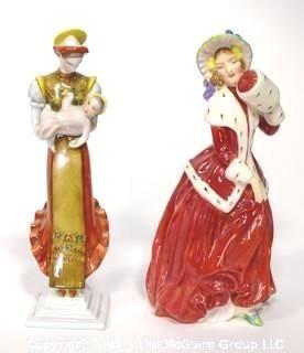 Two (2) Small Porcelain Figurines - Royal Doulton "Christmas Morn" & Herend made om Hugary Mother and Child with small Chip.