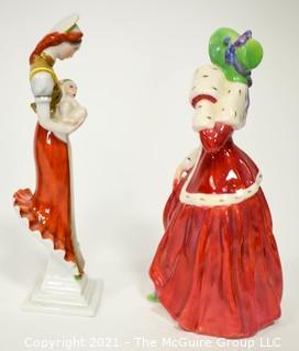 Two (2) Small Porcelain Figurines - Royal Doulton "Christmas Morn" & Herend made om Hugary Mother and Child with small Chip.