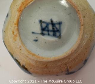 Porcelain Pottery Asian Stamped Hand Painted Blue & White Bowls, Plates and Sake Set.