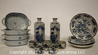 Porcelain Pottery Asian Stamped Hand Painted Blue & White Bowls, Plates and Sake Set.