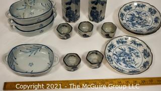 Porcelain Pottery Asian Stamped Hand Painted Blue & White Bowls, Plates and Sake Set.