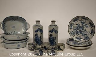 Porcelain Pottery Asian Stamped Hand Painted Blue & White Bowls, Plates and Sake Set.