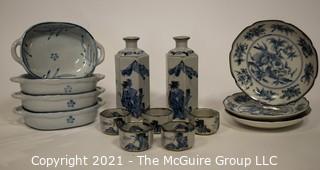 Porcelain Pottery Asian Stamped Hand Painted Blue & White Bowls, Plates and Sake Set.