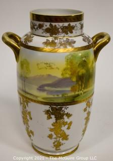 Vintage Nippon Hand Painted Landscape Scene with Gilt Trim Porcelain Double Handled Urn Shaped Vase; 14"T