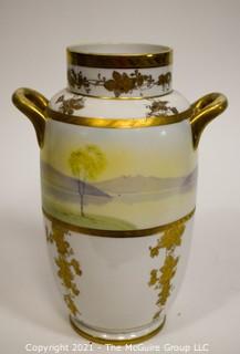 Vintage Nippon Hand Painted Landscape Scene with Gilt Trim Porcelain Double Handled Urn Shaped Vase; 14"T