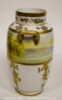 Vintage Nippon Hand Painted Landscape Scene with Gilt Trim Porcelain Double Handled Urn Shaped Vase; 14"T