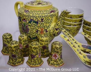 Large Collection of Yellow Chinese Embossed Porcelain China.