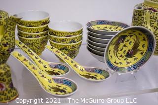 Large Collection of Yellow Chinese Embossed Porcelain China.