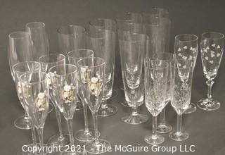 Collection of Stemware:<br><br>
(7) 8 1/2" Beer Glasses<br>
(6) 8" Perrier Jouet<br>
(2) 7 5/8" Etched Champagnes<br>
(3) 7 1/2" Champagnes<br>
(2) 9" Champagnes