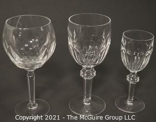 Waterford Crystal - Curraghmore Pattern: <br> <br>
(6) water goblets; 7 1/2" <br>
(6) hock wine; 7 1/2" <br>
(3) sherry; 6 3/8