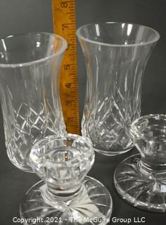 Pair of Waterford Cut Crystal Lismore Hurricane Lamp Shades and Matching Candle Stick Base (Total of 4 Pieces); total height 9 1/2" tall