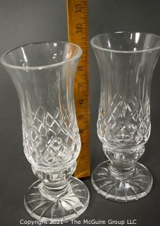 Pair of Waterford Cut Crystal Lismore Hurricane Lamp Shades and Matching Candle Stick Base (Total of 4 Pieces); total height 9 1/2" tall