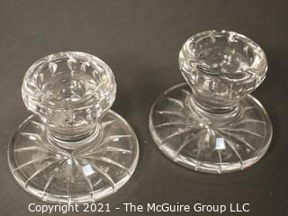 Pair of Waterford Cut Crystal Lismore Hurricane Lamp Shades and Matching Candle Stick Base (Total of 4 Pieces); total height 9 1/2" tall