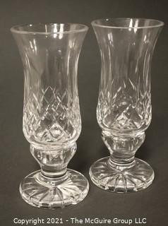 Pair of Waterford Cut Crystal Lismore Hurricane Lamp Shades and Matching Candle Stick Base (Total of 4 Pieces); total height 9 1/2" tall