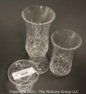 Pair of Waterford Cut Crystal Lismore Hurricane Lamp Shades and Matching Candle Stick Base (Total of 4 Pieces); total height 9 1/2" tall