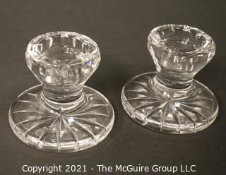 Pair of Waterford Cut Crystal Lismore Hurricane Lamp Shades and Matching Candle Stick Base (Total of 4 Pieces); total height 9 1/2" tall