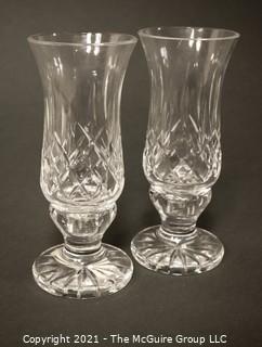 Pair of Waterford Cut Crystal Lismore Hurricane Lamp Shades and Matching Candle Stick Base (Total of 4 Pieces); total height 9 1/2" tall