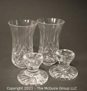 Pair of Waterford Cut Crystal Lismore Hurricane Lamp Shades and Matching Candle Stick Base (Total of 4 Pieces); total height 9 1/2" tall