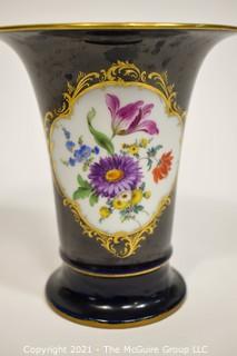 Meissen Cobalt Porcelain Trumpet Vase with Flowers Design; 6 1/4"T