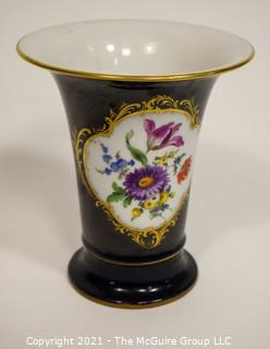 Meissen Cobalt Porcelain Trumpet Vase with Flowers Design; 6 1/4"T