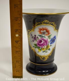 Meissen Cobalt Porcelain Trumpet Vase with Flowers Design; 6 1/4"T