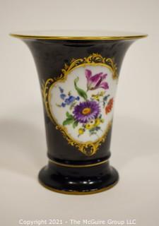 Meissen Cobalt Porcelain Trumpet Vase with Flowers Design; 6 1/4"T