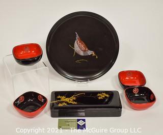 Group of Decorative Items:  Includes Asian Black Lacquer Ware Glove Box, Couroc Inlaid Bakelite Tray with Pheasant & Four (4) Asian Designed Ceramic Bowls. 