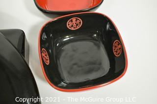 Group of Decorative Items:  Includes Asian Black Lacquer Ware Glove Box, Couroc Inlaid Bakelite Tray with Pheasant & Four (4) Asian Designed Ceramic Bowls. 