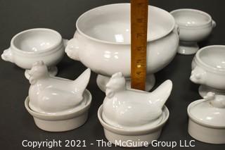 Collection of Ceramic Cookware Including Bodum Tureen, (3) Sur la Table Soup Bowls and (2) Covered Apilco Chicken & Duck Casserole Dishes.