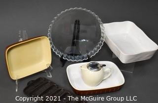 Assorted Cook & Bakeware. Includes Arcuisine Clear Tart Dish, Wagner Ware Krusty Corn Kobs Cast Iron Baking Pan, 