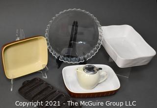 Assorted Cook & Bakeware. Includes Arcuisine Clear Tart Dish, Wagner Ware Krusty Corn Kobs Cast Iron Baking Pan, 