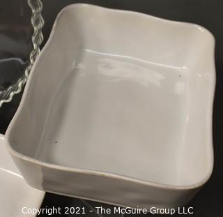 Assorted Cook & Bakeware. Includes Arcuisine Clear Tart Dish, Wagner Ware Krusty Corn Kobs Cast Iron Baking Pan, 