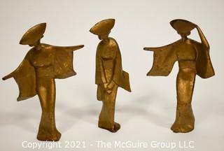 Mid Century Grouping of Three Stylized Bronzed Cast Iron Japanese Geisha Figurines; 9"T