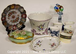 Collection of Porcelain & Ceramic Items.  Includes Asian Hand Painted Scalloped Dish with Mark, Richard Ginori Dish, Hand Painted Limoges Dish with Lid, Lucite Asian Charm & 5 Royal Worchester & Ansley Toothpick Holders. 